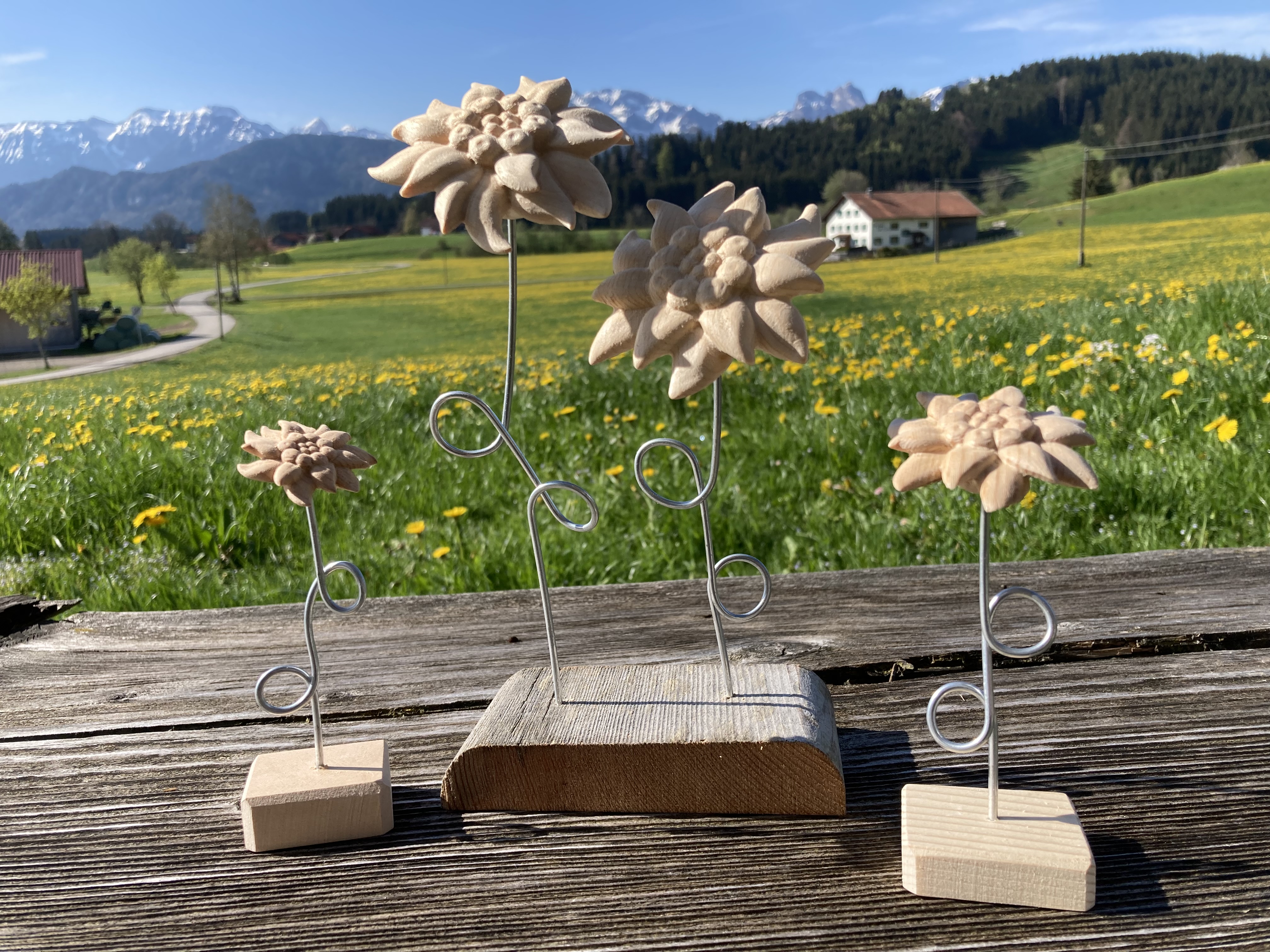 Edelweißblüte aus Holz mit Metallstängel