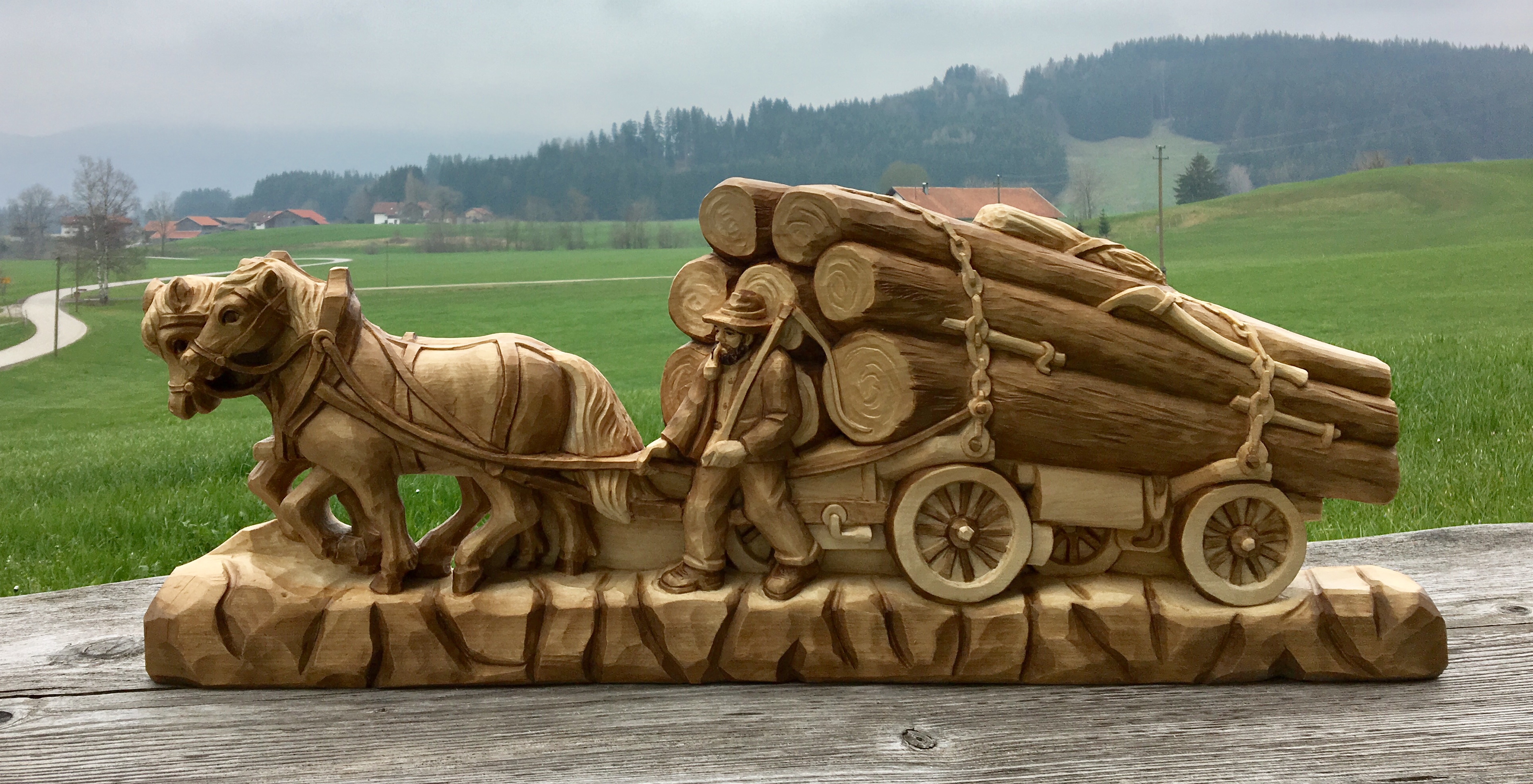 Relief Holzfuhrwerk, Schnitzrohling in 77 cm